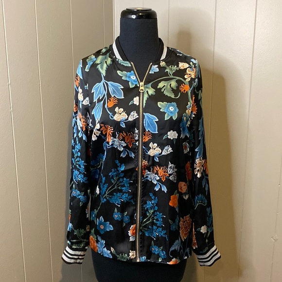 H&M Women 4 Bomber Jacket Zip Up Floral Glitter Neckline and Cuffs Sheet Lining - Picture 1 of 8